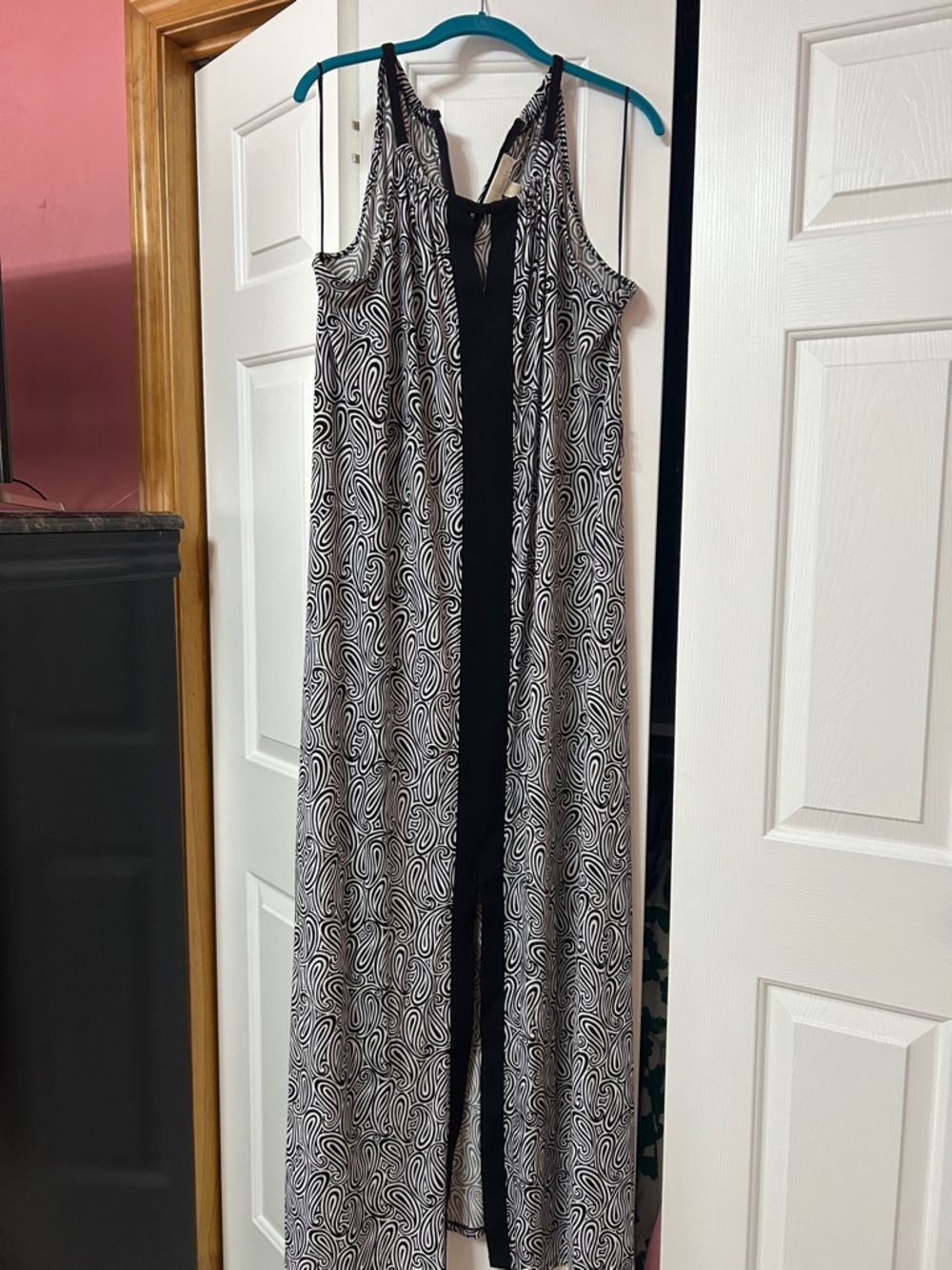 Michael Kors Black White Abstract Print Keyhole Maxi Dress Gold Logo 1X